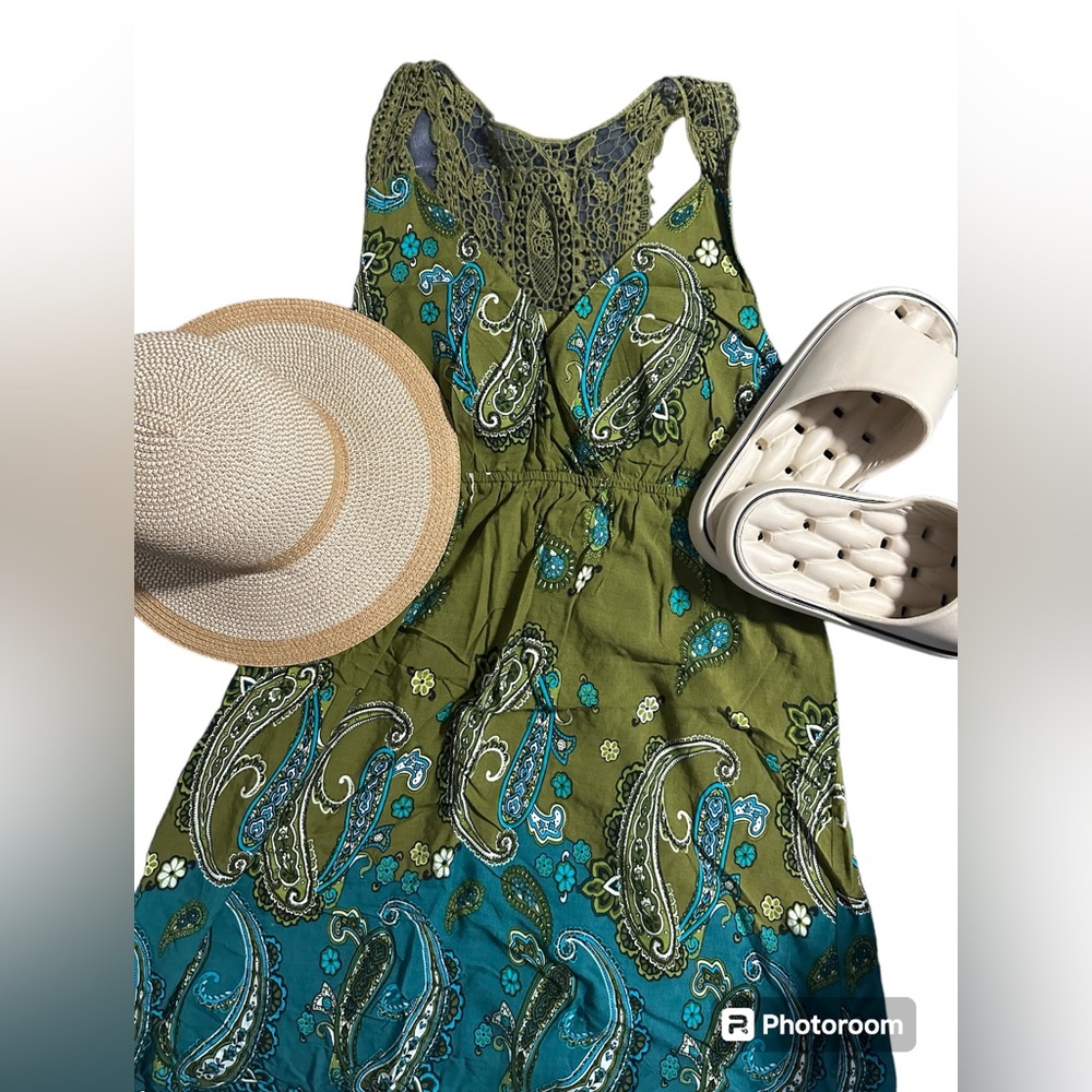 Apt 9 Dress Boho Style Embroidered Back Green Aqua Paisley Print Sleeveless Sz M